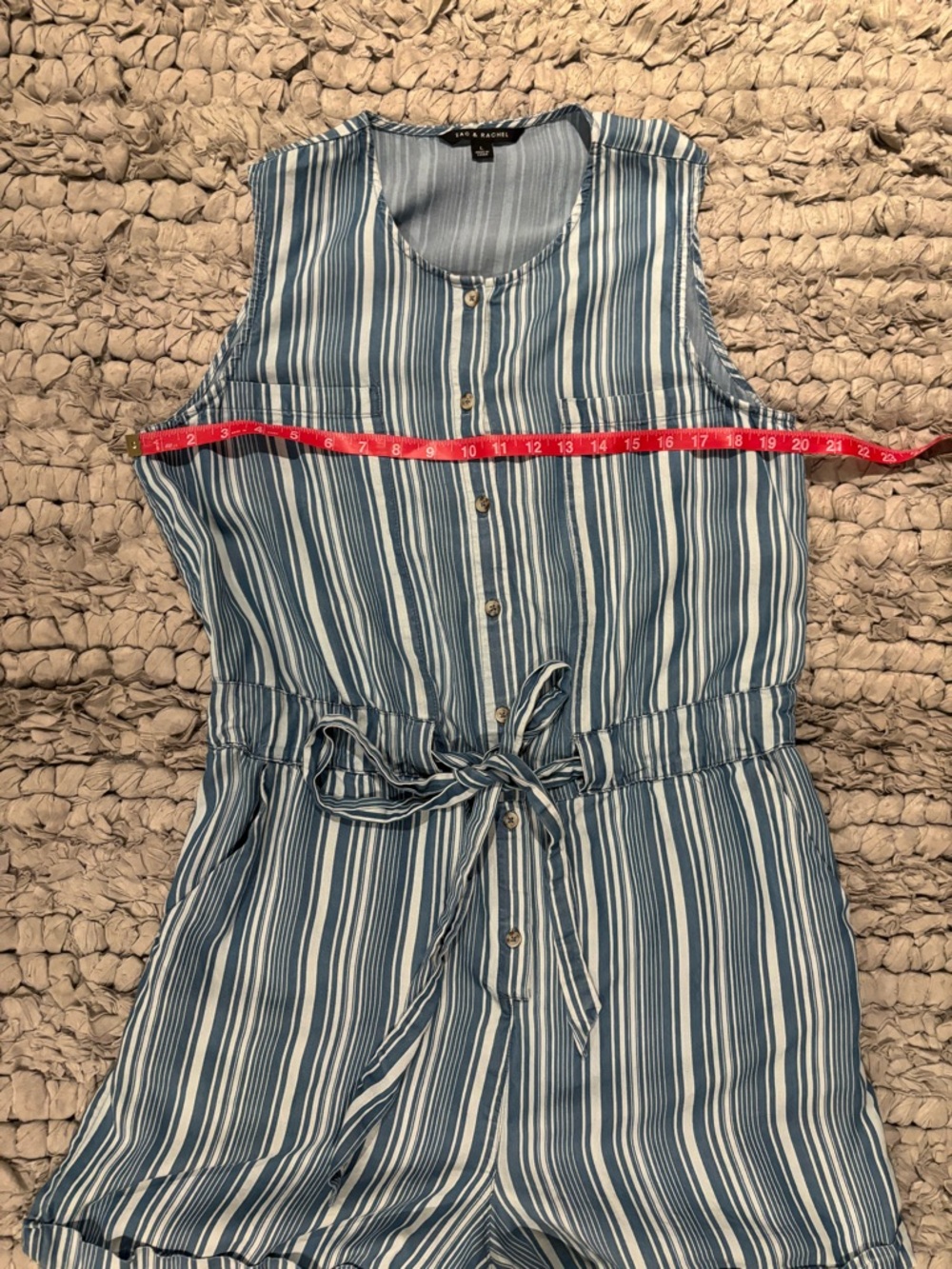 Zac & Rachel Striped Blue Tie-Waist Button Front Romper - Picture 4 of 9